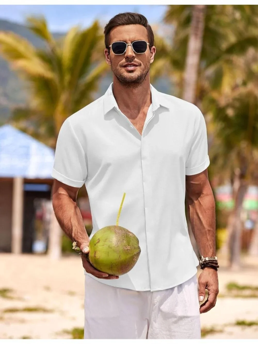 Mens All White Classic Beach Linen Sleeve Casual Imported Button Dow Short Shirt